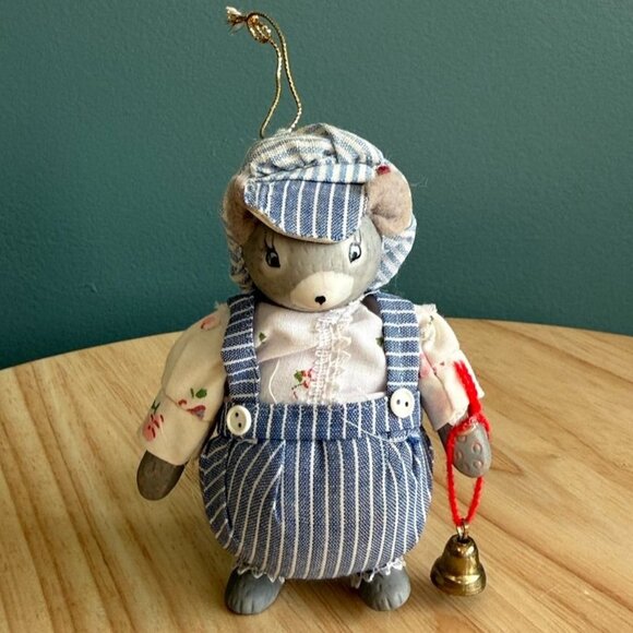 1983 Kurt Adler Christmas Ornament Porcelain Boy Mouse in Overalls Cap Bell - Picture 2 of 10